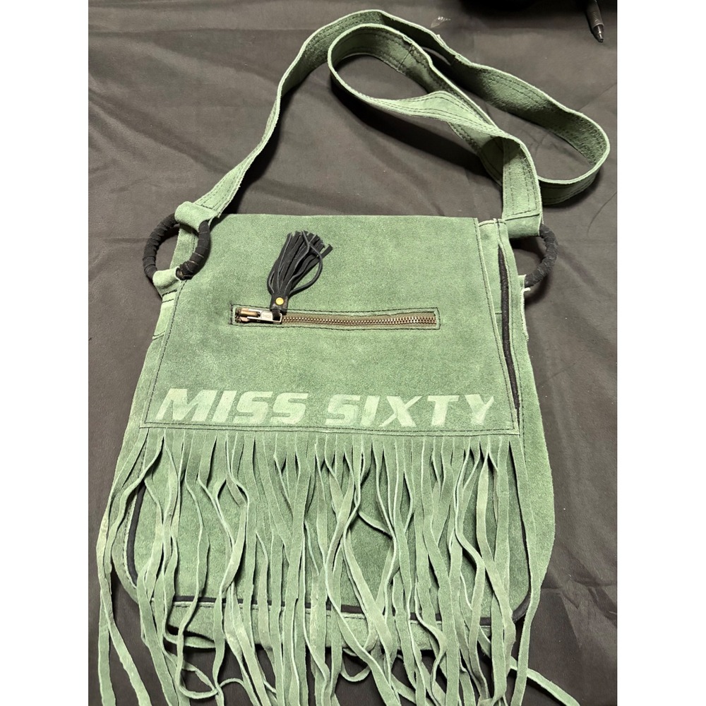 Miss Sixty Luella BX1200 Green Suede Leather Fringe Crossbody Bag Y2K